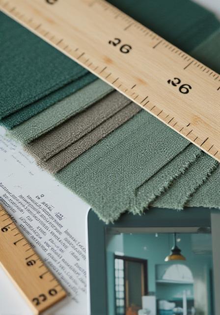 Architectural drawing board with fabric swatches and a tablet showing 3D render