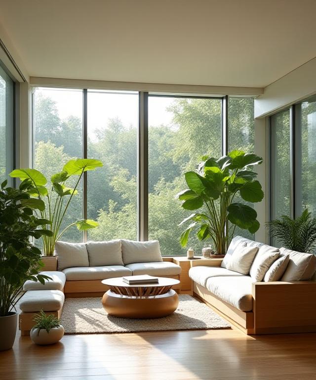 Modern sustainable living room with natural light and plants